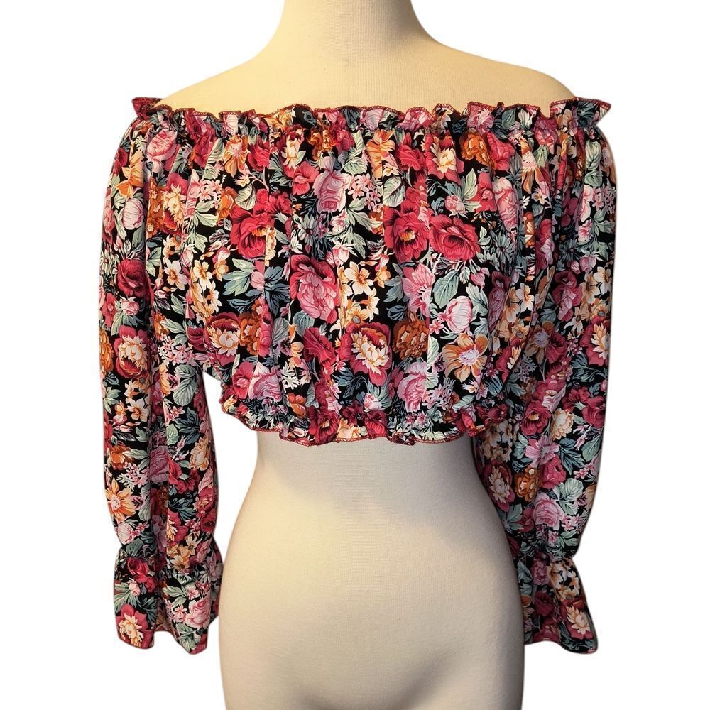 SHEIN Plus Size Multicolor Floral Off-Shoulder Blouse Long Sleeve  Crop Top 1XL